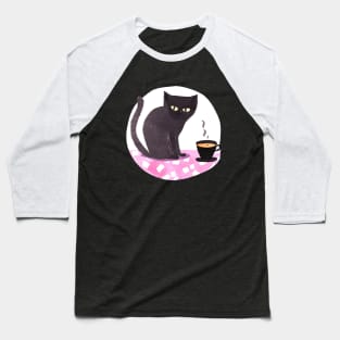 Cute Watercolor Coffee Cup and Black Cat Baseball T-Shirt